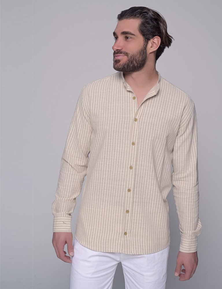 Ben Tailor Ben Tailor ανδρικό βαμβακερό μπεζ ριγέ πουκάμισο με μάο γιακά 1284